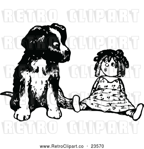 Vector Clip Art of Retro Puppy Sitting with a Doll