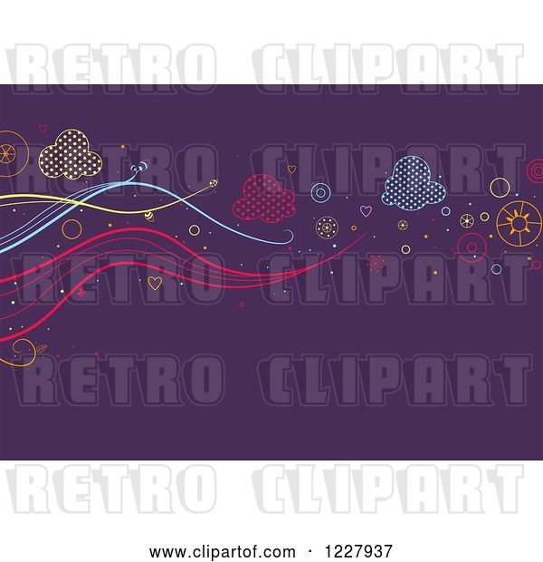 Vector Clip Art of Retro Purple Background with Clouds and Waves