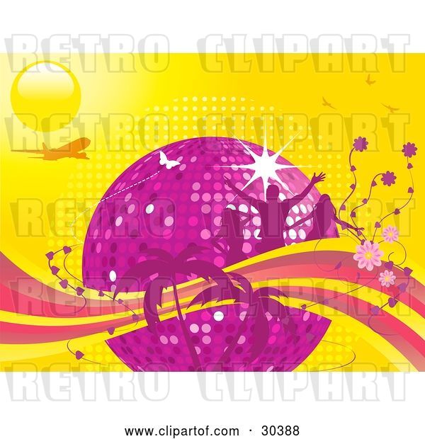 Vector Clip Art of Retro Purple Disco Ball Surrounded by Silhouetted Pink People, Flowers and Palm Trees with an Airplane and Butterflies on a Yellow Background