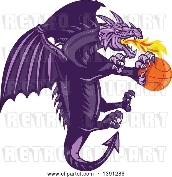 Vector Clip Art of Retro Purple Fire Breathing Dragon Flying with a Basketball