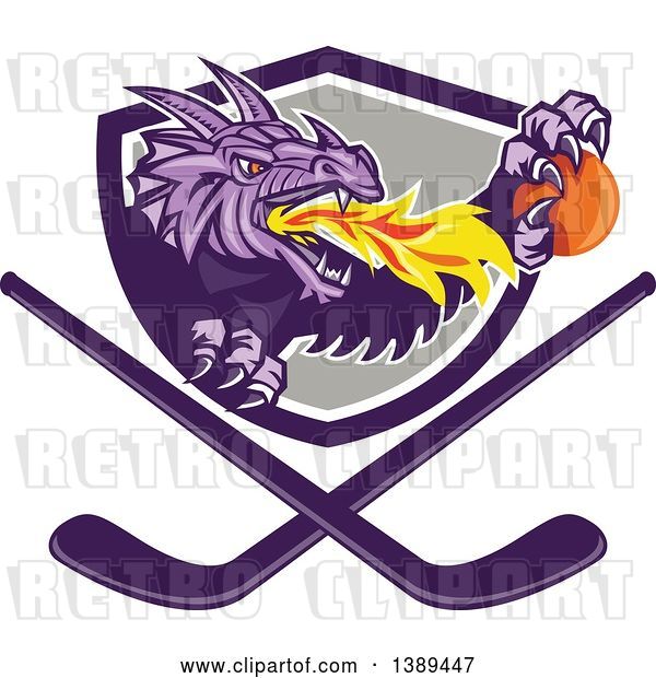 Vector Clip Art of Retro Purple Fire Breathing Dragon Holding a Ball and Emerging from a Shield over Crossed Hockey Sticks