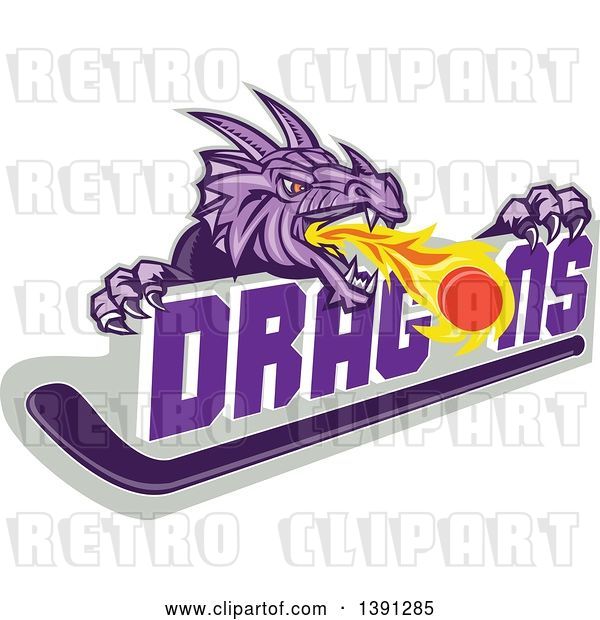 Vector Clip Art of Retro Purple Fire Breathing Dragon over Text, a Puck and Hockey Stick