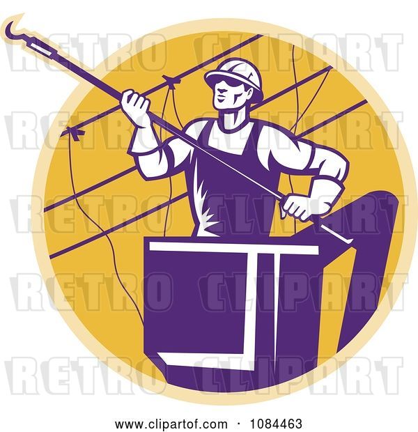 Vector Clip Art of Retro Purple Lineman Working on Power Cables