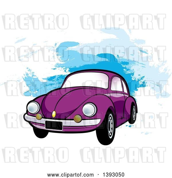 Vector Clip Art of Retro Purple VW Slug Bug Car over Blue Paint Strokes