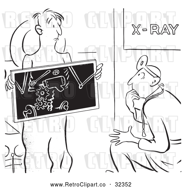 Vector Clip Art of Retro Puzzled X Ray Doctor and Patient Black and White