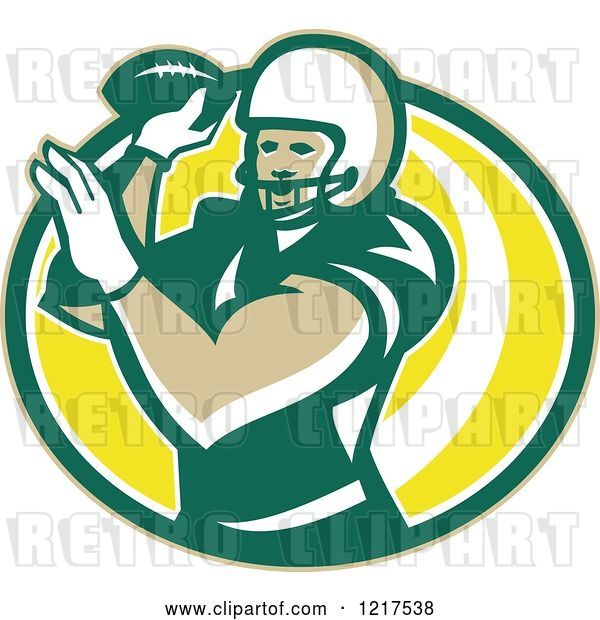Vector Clip Art of Retro Quaterback American Football Player Passing over an Oval