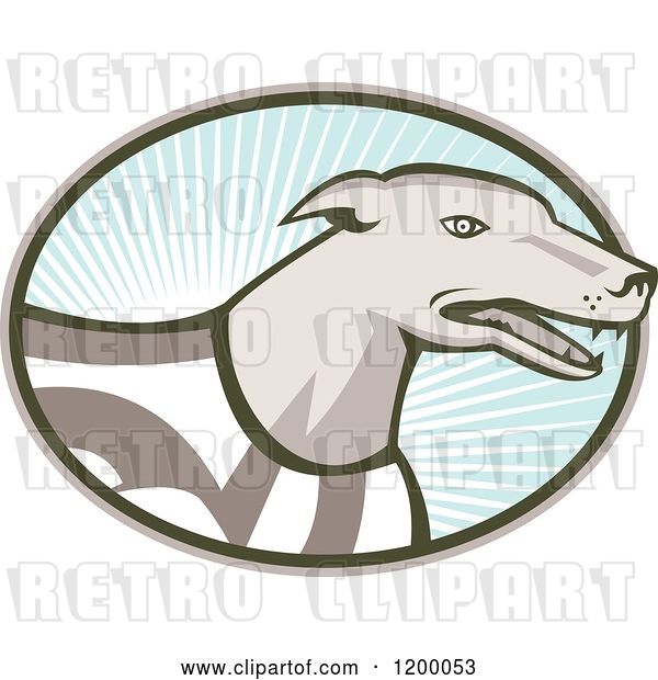 Vector Clip Art of Retro Racing Greyhound Dog in an Oval of Rays on Blue