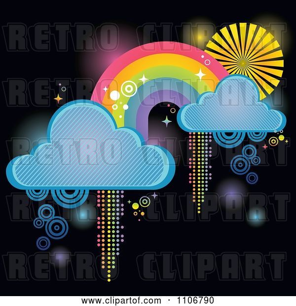 Vector Clip Art of Retro Rainbow with Clouds and Pixel Trails on Black