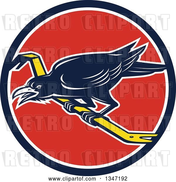Vector Clip Art of Retro Raven Bird on a Crowbar in a Blue White and Red Circle