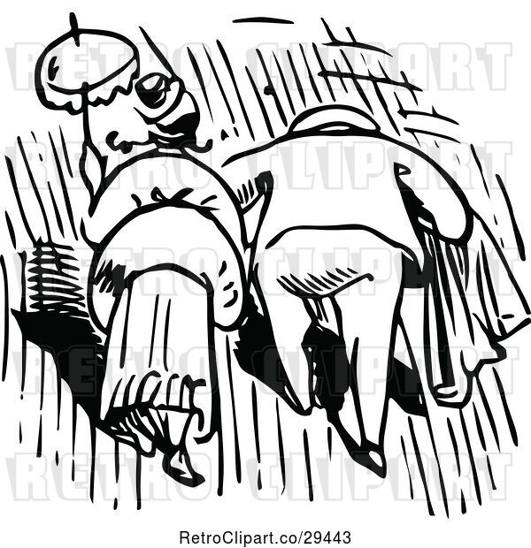 Vector Clip Art of Retro Rear View of a Couple Walking in the Rain