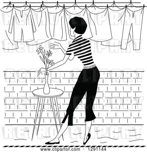 Vector Clip Art of Retro Rear View of a Lady Hanging Laundry out to Dry