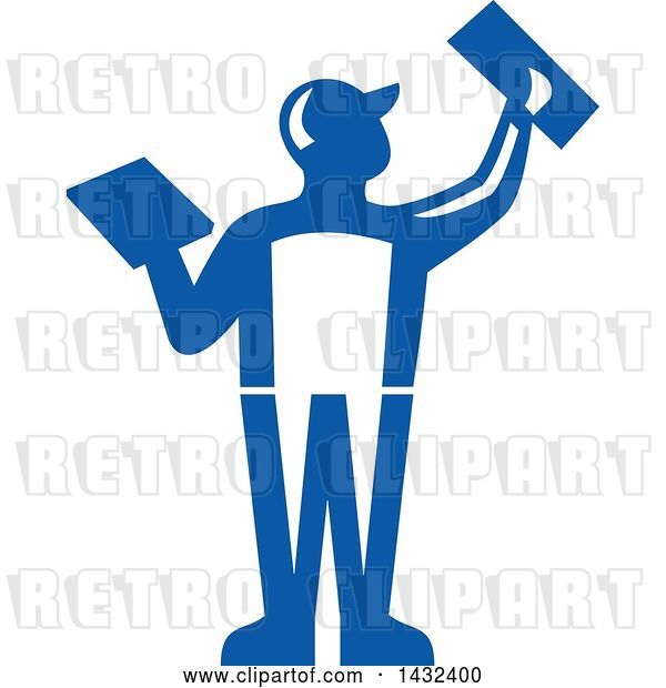 Vector Clip Art of Retro Rear View of a Male Plasterer Worker Using Trowels in Blue and White