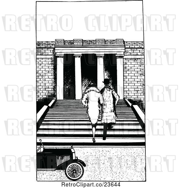Vector Clip Art of Retro Rear View of a Sketched Couple Going up Steps
