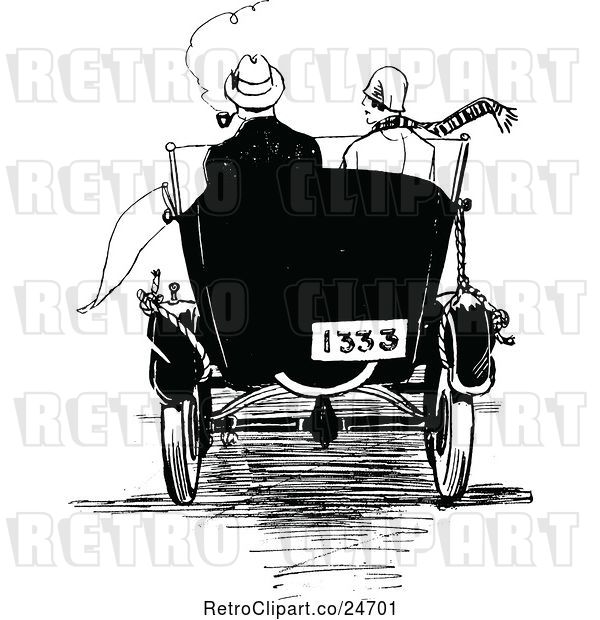 Vector Clip Art of Retro Rear View of a Sketched Couple in a Car