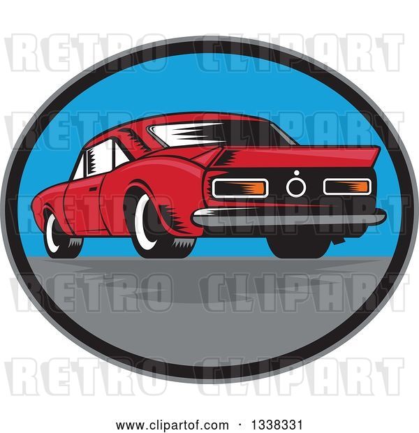 Vector Clip Art of Retro Rear View of a Woodcut Rear Muscle Car in an Oval
