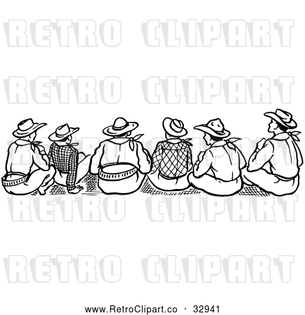 Vector Clip Art of Retro Rear View of Cowboys Sitting