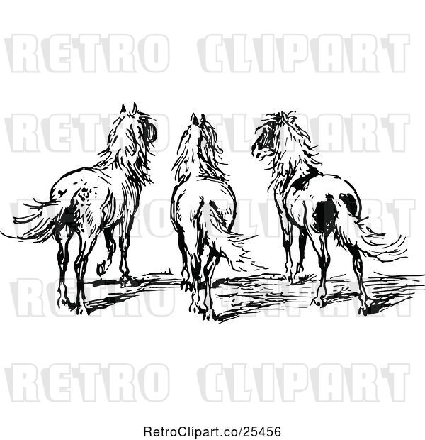 Vector Clip Art of Retro Rear View of Three Ponies