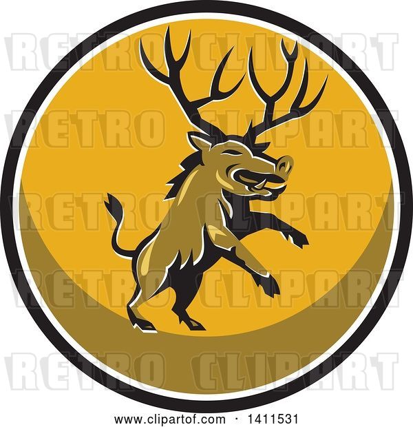 Vector Clip Art of Retro Rearing Razorback Boar Pig Beast with Antlers in a Black White and Yellow Circle
