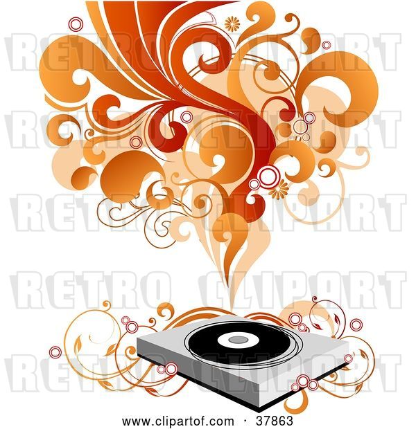Vector Clip Art of Retro Record Player with Vines, Red and Orange Waves of Sound and Circles