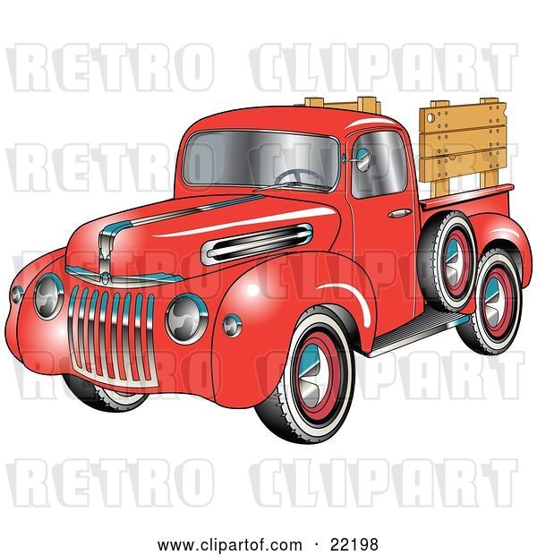 Vector Clip Art of Retro Red 1945 Ford Pickup Truck with a Spacfe Tire on the Side And, Chrome Accents, Red Wall Tires and Wooden Panels Along the Truck Bed