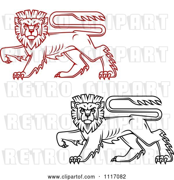 Vector Clip Art of Retro Red and Black Walking Heraldic Lions