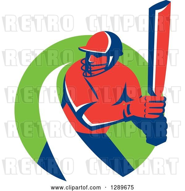 Vector Clip Art of Retro Red and Blue Cricket Batsman with a White Swoosh in a Green Circle