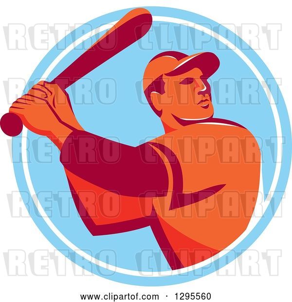 Vector Clip Art of Retro Red and Orange Male Baseball Player Batting Inside a Blue and White Circle