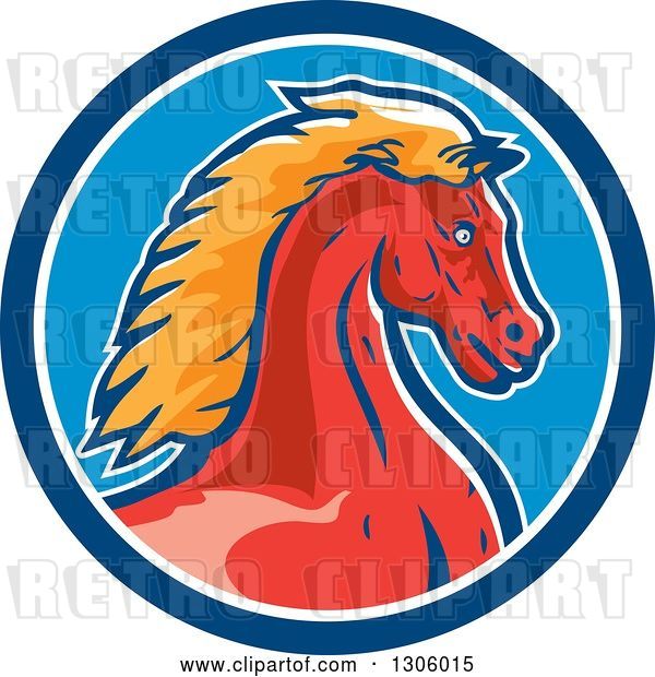 Vector Clip Art of Retro Red and Orange Young Cold Horse Head in a Blue and White Circle