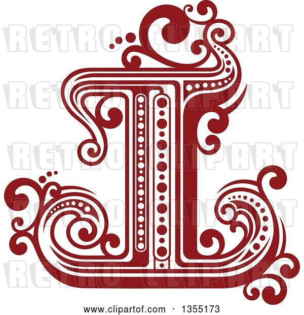 Vector Clip Art of Retro Red and White Capital Letter I with Flourishes