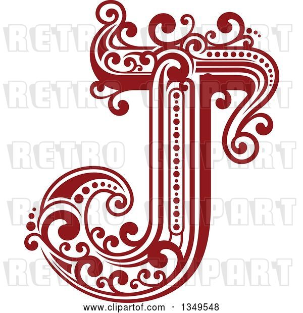 Vector Clip Art of Retro Red and White Capital Letter J with Flourishes