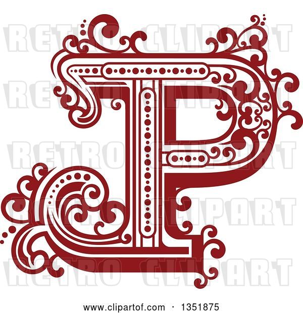 Vector Clip Art of Retro Red and White Capital Letter P with Flourishes