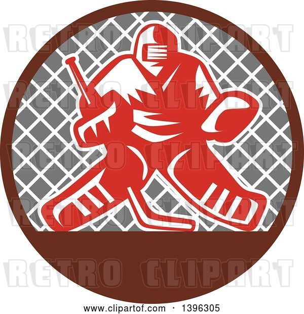 Vector Clip Art of Retro Red and White Ice Hockey Goalie over a Net in a Brown and Gray Circle