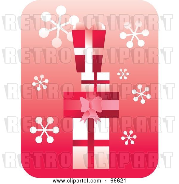 Vector Clip Art of Retro Red and White Stacked Gifts on Pink with Snowflakes