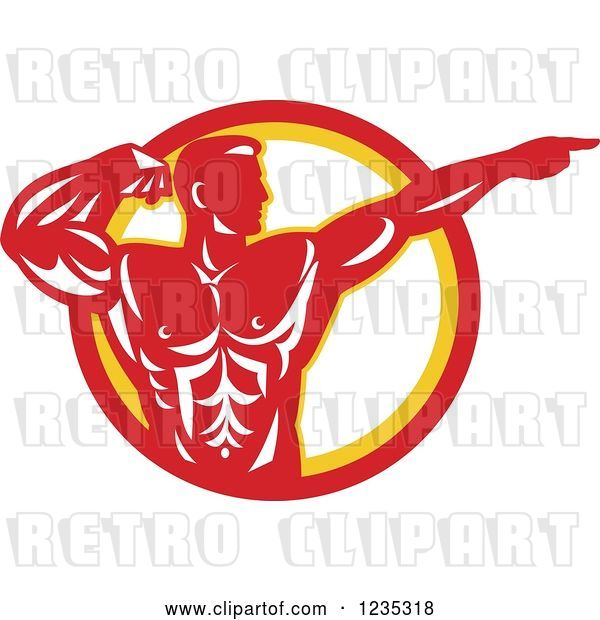 Vector Clip Art of Retro Red Bodybuilder Flexing and Pointing over a Circle