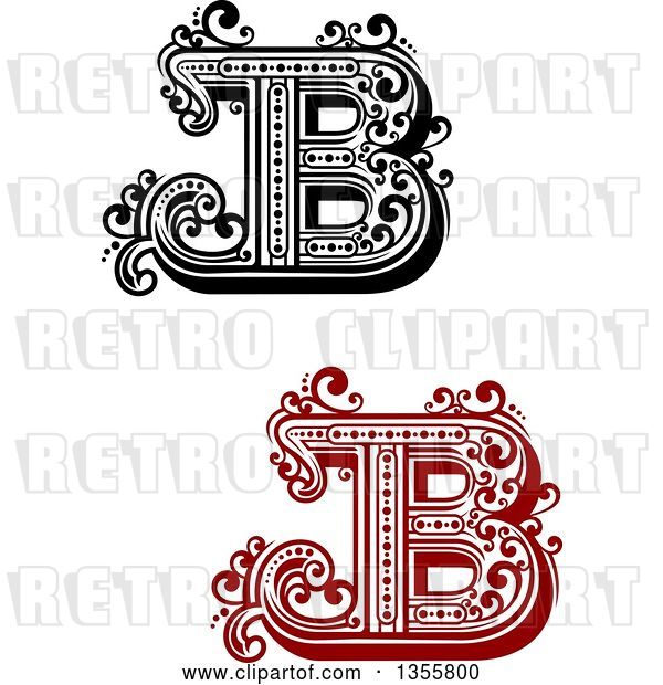 Vector Clip Art of Retro Red, Capital Letter B Designs with Flourishes