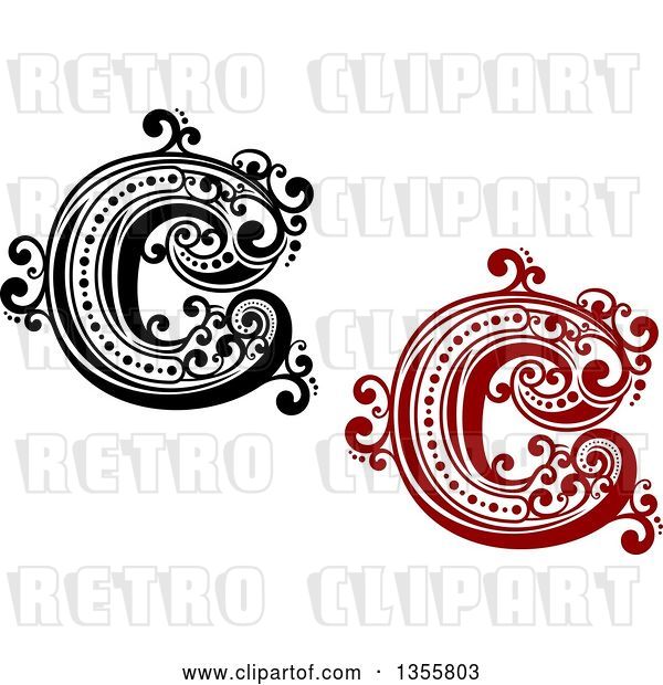 Vector Clip Art of Retro Red, Capital Letter C Designs with Flourishes