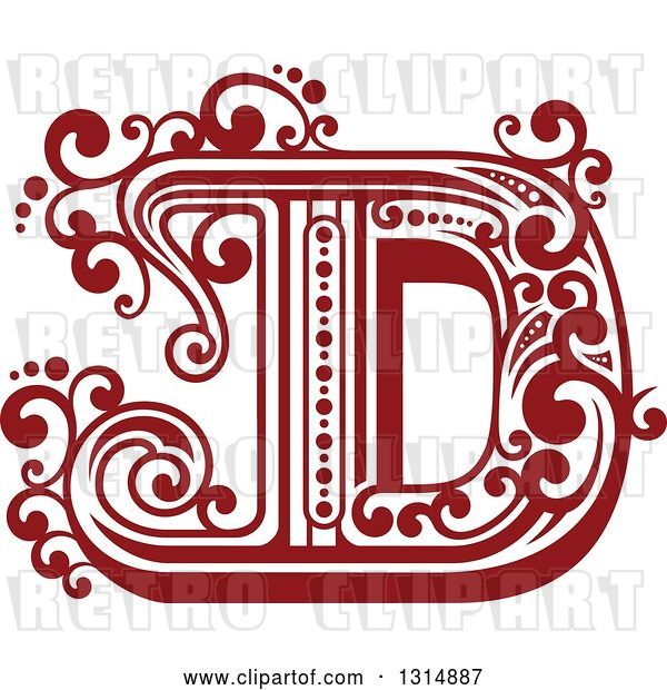 Vector Clip Art of Retro Red Capital Letter D with Flourishes