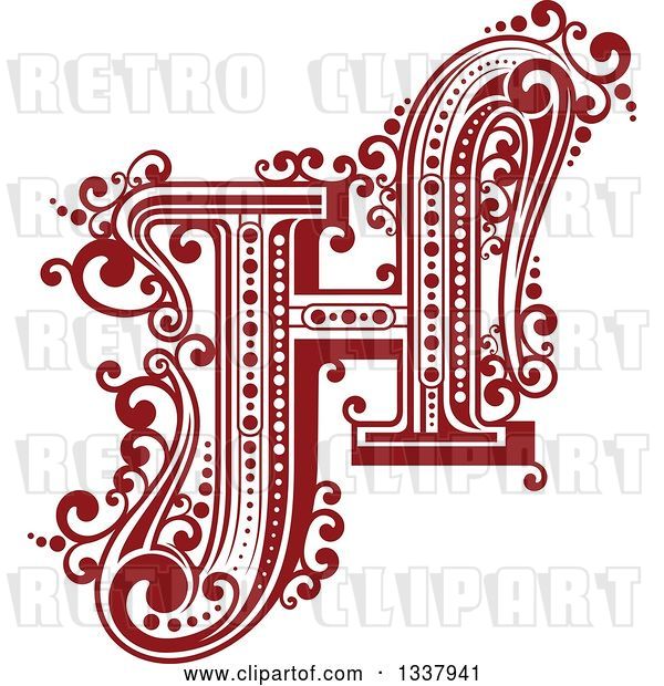 Vector Clip Art of Retro Red Capital Letter H with Flourishes