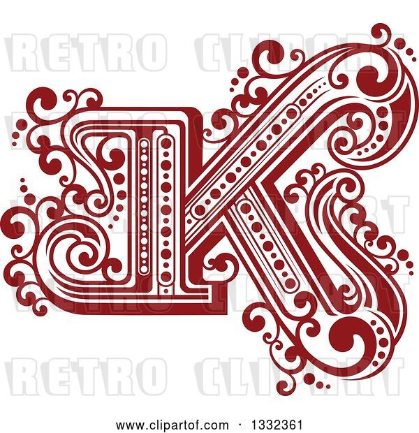 Vector Clip Art of Retro Red Capital Letter K with Flourishes