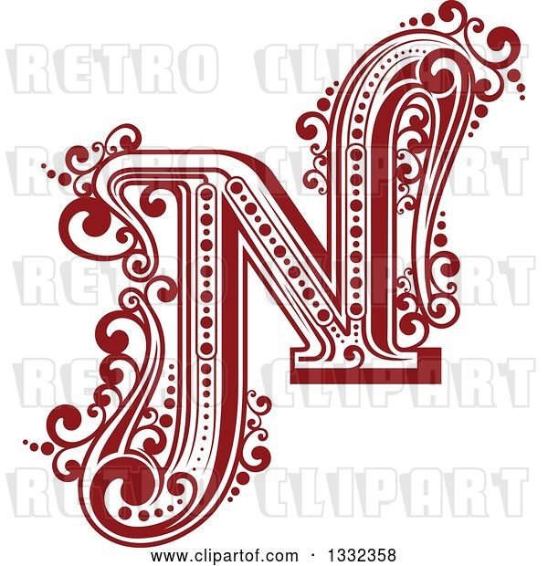 Vector Clip Art of Retro Red Capital Letter N with Flourishes