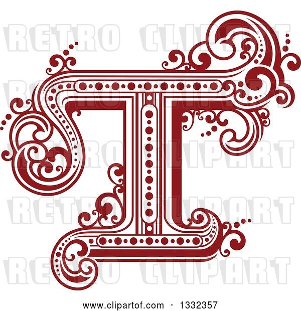 Vector Clip Art of Retro Red Capital Letter T with Flourishes