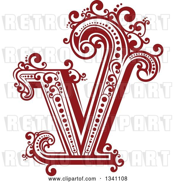 Vector Clip Art of Retro Red Capital Letter V with Flourishes