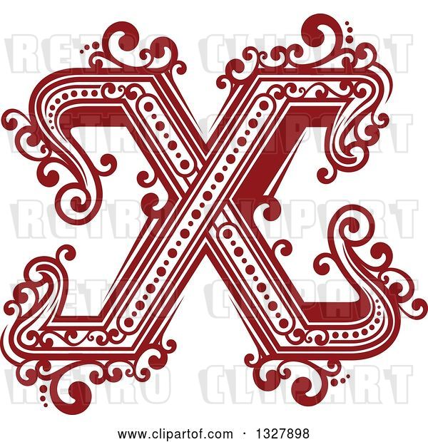 Vector Clip Art of Retro Red Capital Letter X with Flourishes
