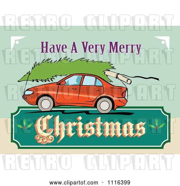 Vector Clip Art of Retro Red Car with a Tree on the Roof and a Christmas Sign