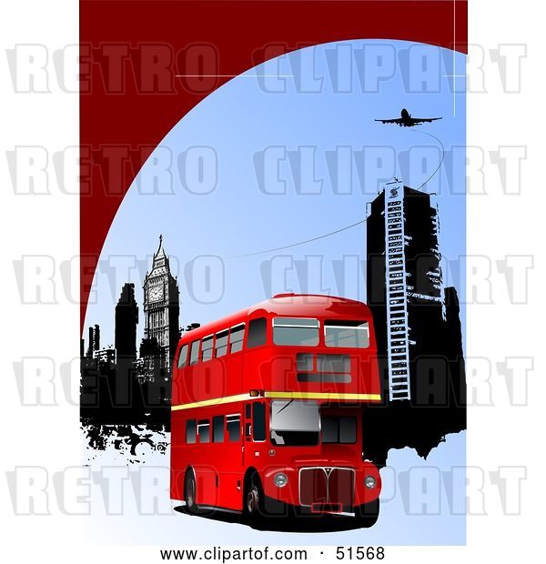 Vector Clip Art of Retro Red Double Decker Bus near City Buildings Under a Plane