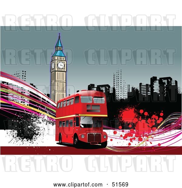 Vector Clip Art of Retro Red Double Decker Bus with Grunge in Front of a Clock Tower