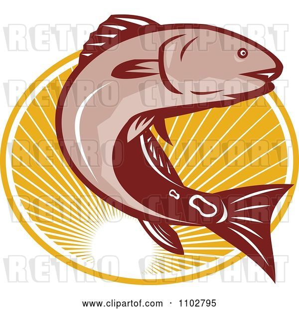 Vector Clip Art of Retro Red Drum Bass Fish Leaping over an Oval of Rays