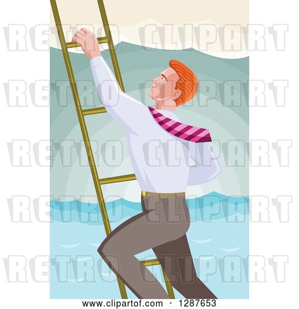 Vector Clip Art of Retro Red Haired White Business Man Climbing a Ladder over the Ocean