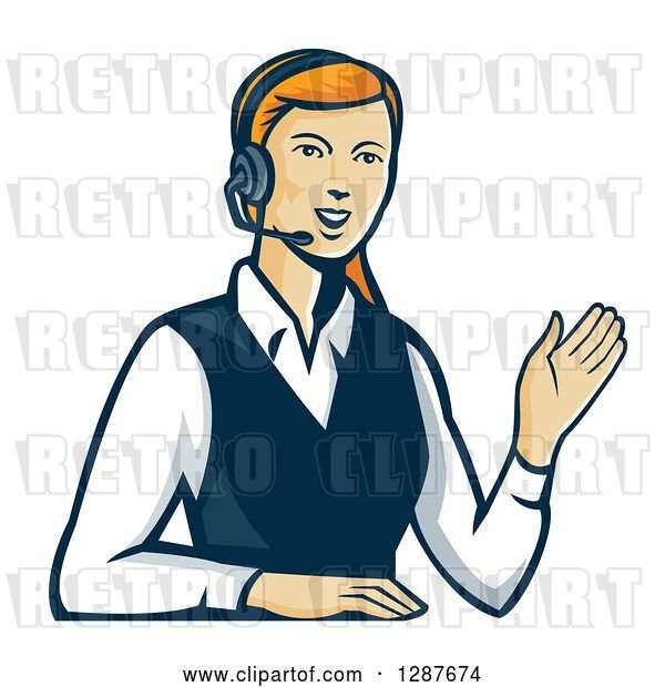 Vector Clip Art of Retro Red Haired White Female Call Center Worker Waving and Wearing a Headset