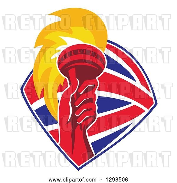 Vector Clip Art of Retro Red Hand Holding up a Torch in a British Flag Shield